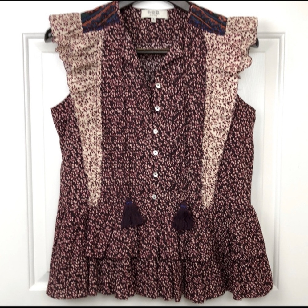 Sea New York Boho Ruffle Sleeve Summer Top Size 8 Wine, Cream Floral Pattern
